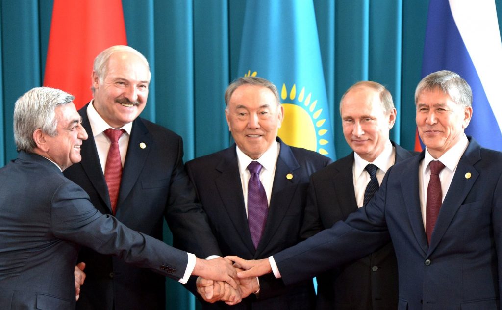 Heads of State of the EEU. From left: Serzh Sargzyan, President of Armenia, Alexander Lukashenko, President of Belarus, Nursultan Nazarbayev, President of Kazakhstan, Vladimir Putin, President of Russia and Almazbek Atambayev, President of Kyrgyzstan.